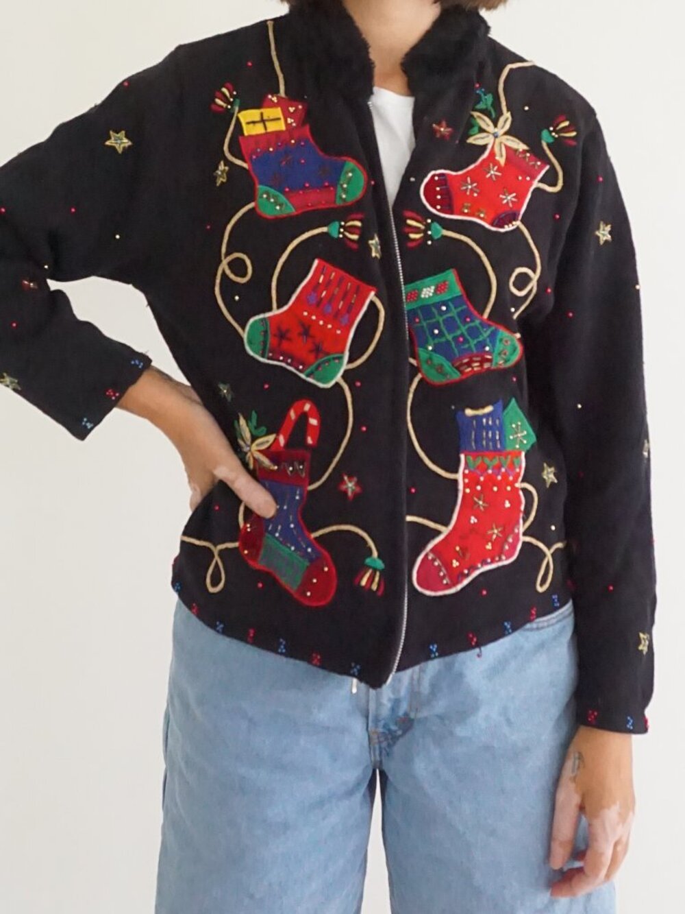 Vintage Designer Originals Black Stocking Stars Bead Ugly Christmas Cardigan PL